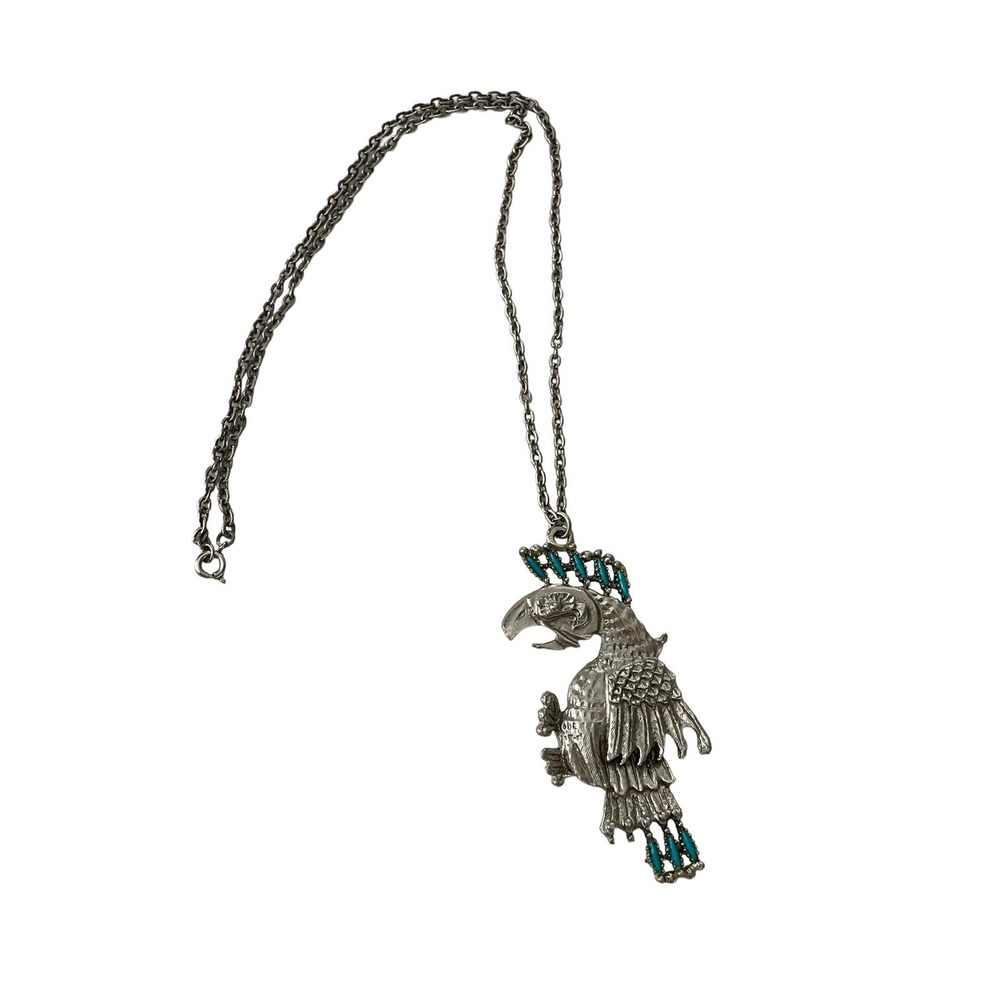 Vintage Eagle Silvertone Faux Turqouise Pendant Chain Necklace Aztec‎ Fast Ship